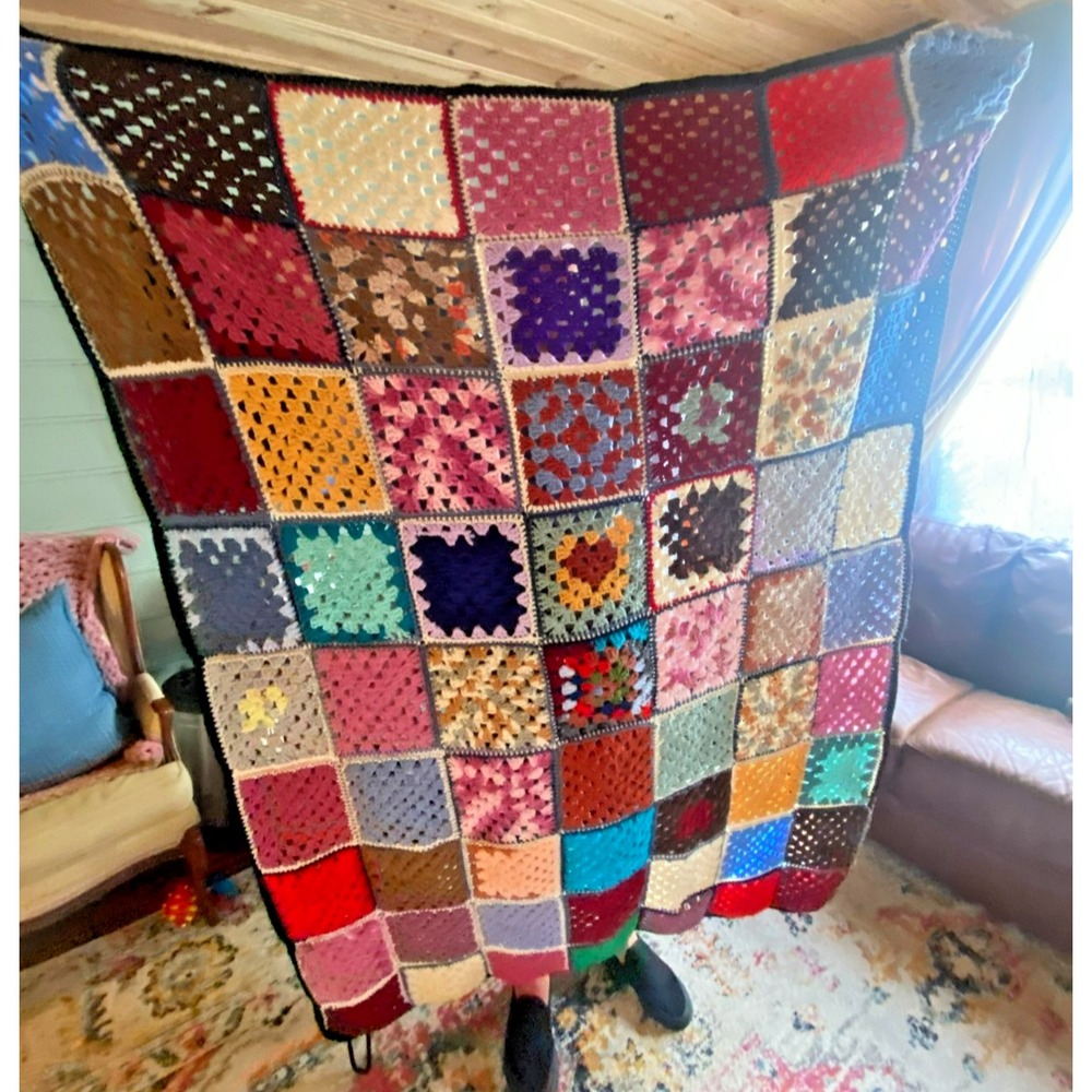 Handmade Crocheted Afghan Granny Square Blanket Multicolor 58x72 Retro Bed Throw